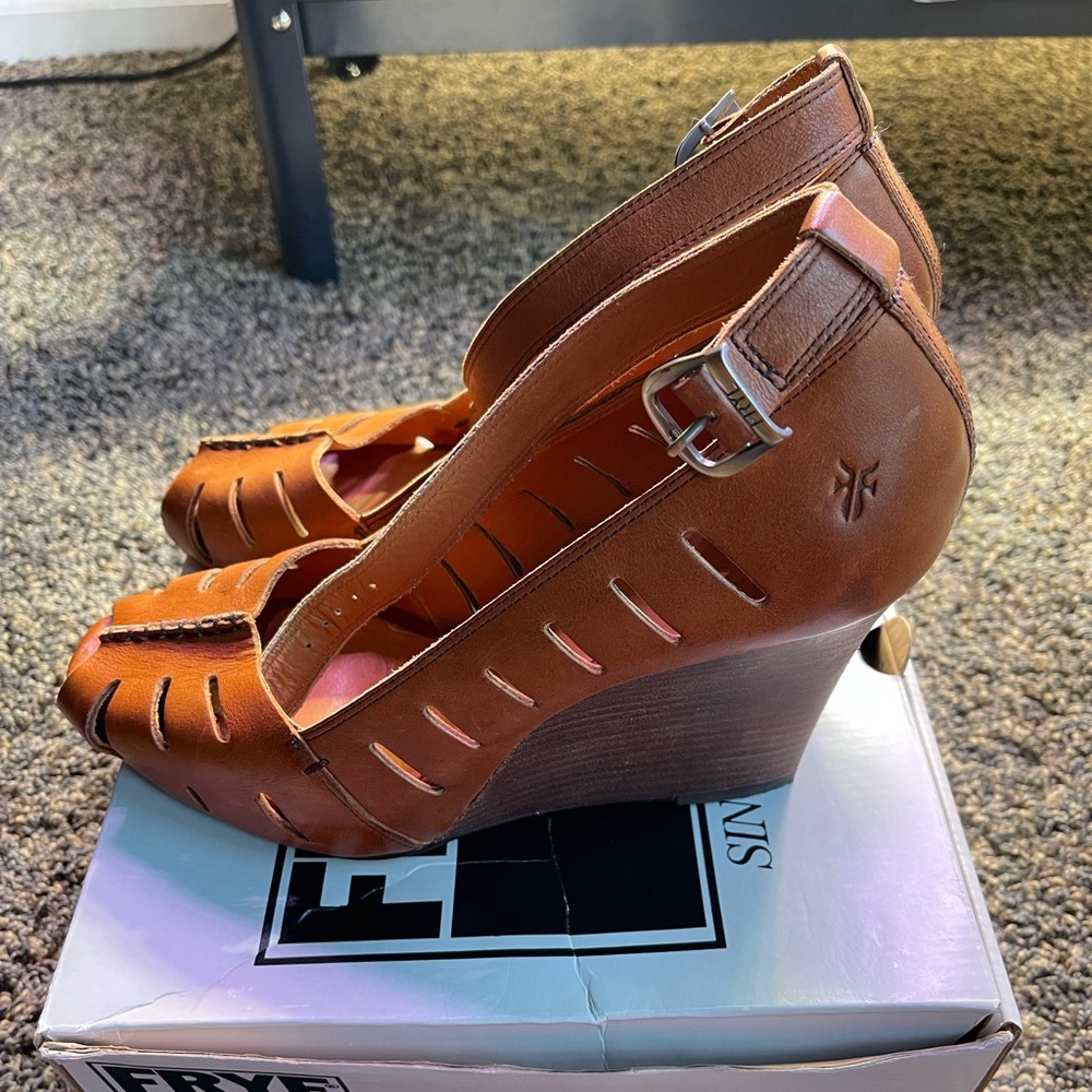 Frye Brown Leather Cutout Platform Wedges - Picture 9 of 11